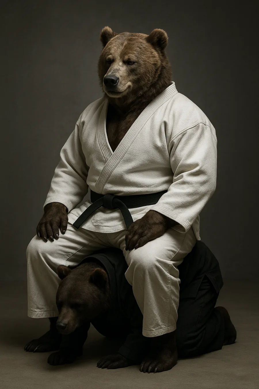 Full-length portrait of Vladimir Pootin in the white gi