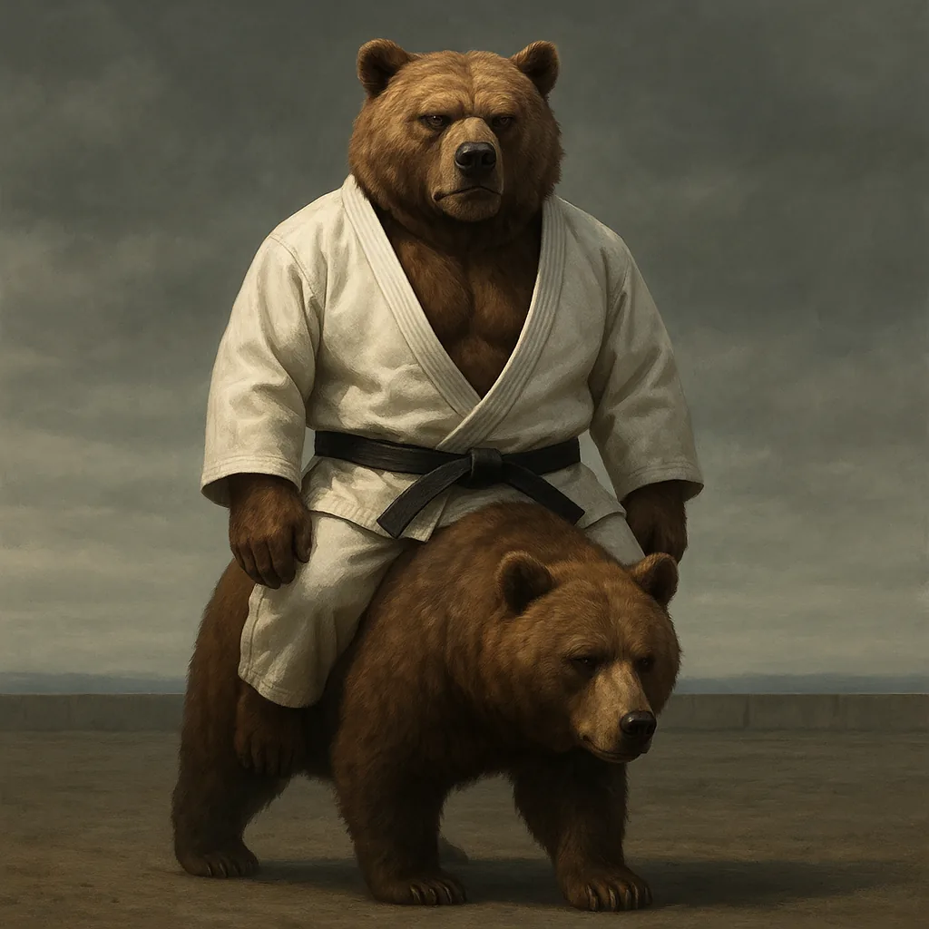 Vladimir Pootin, a heavily muscled brown bear in a white judo gi, seated on a smaller bear