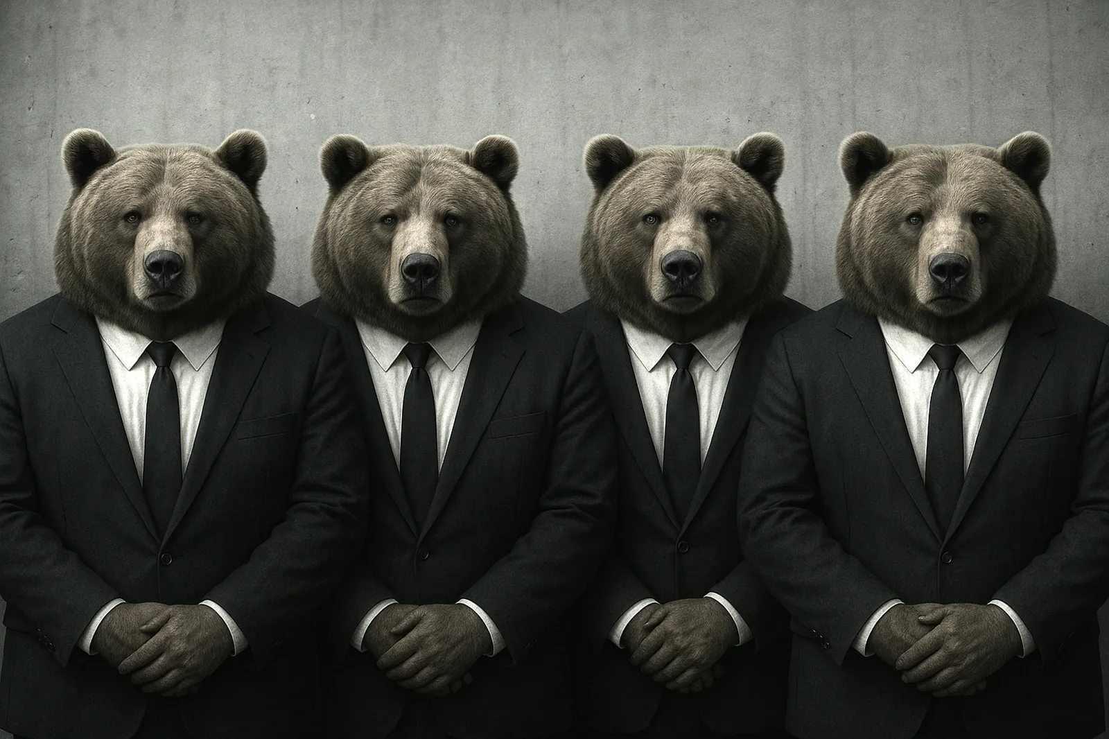 Four brown bears in black suits standing in a row against a concrete wall